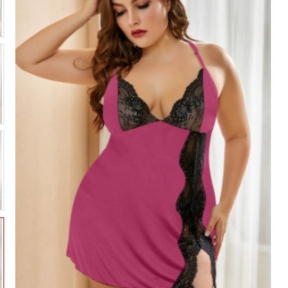 Pink and black Rose Lace Stitching Babydoll nighty lingerie - Picture 1 of 4